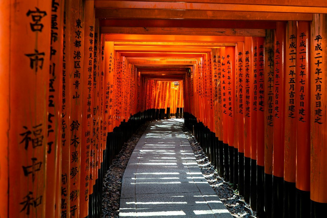 Kyoto'da Fushimi Inari'nin turuncu torii kapılarından geçen taş yol