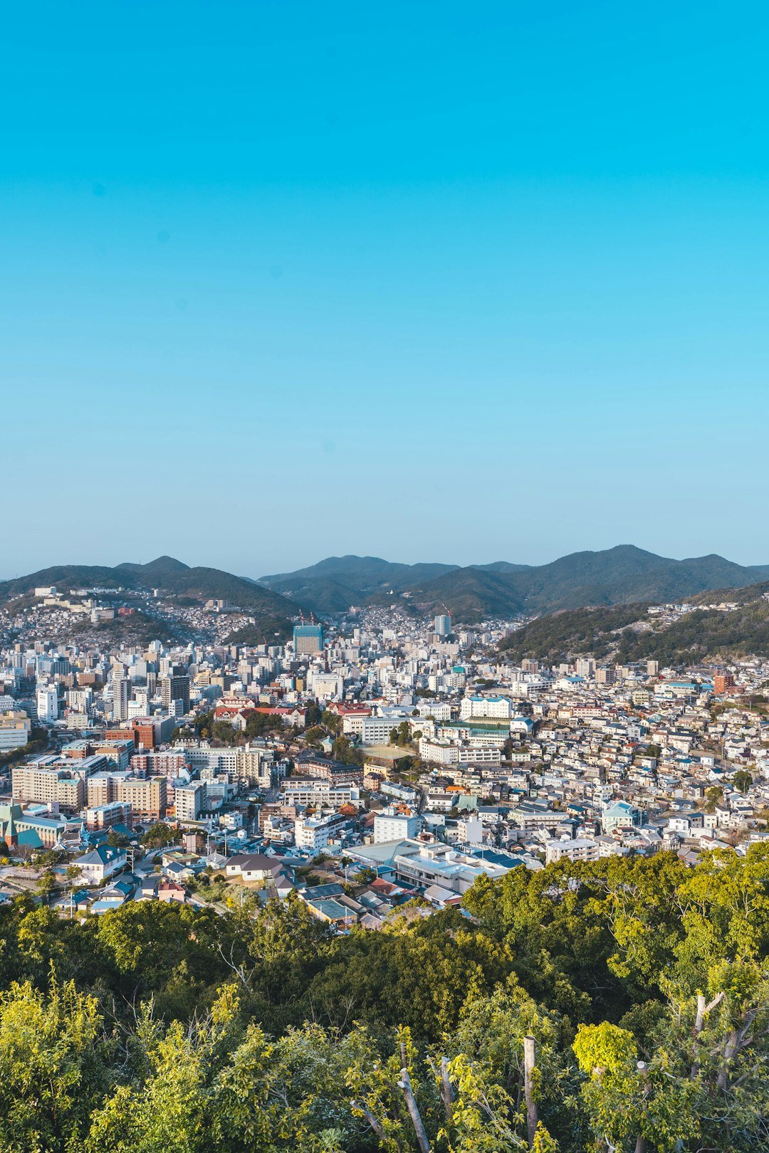 Tepeden Nagasaki şehri ve limanı