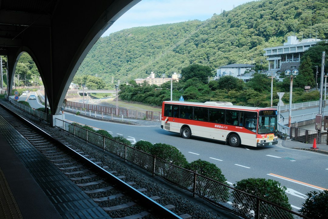 Japonya'da dağlık bir yolda seyahat eden otobüs