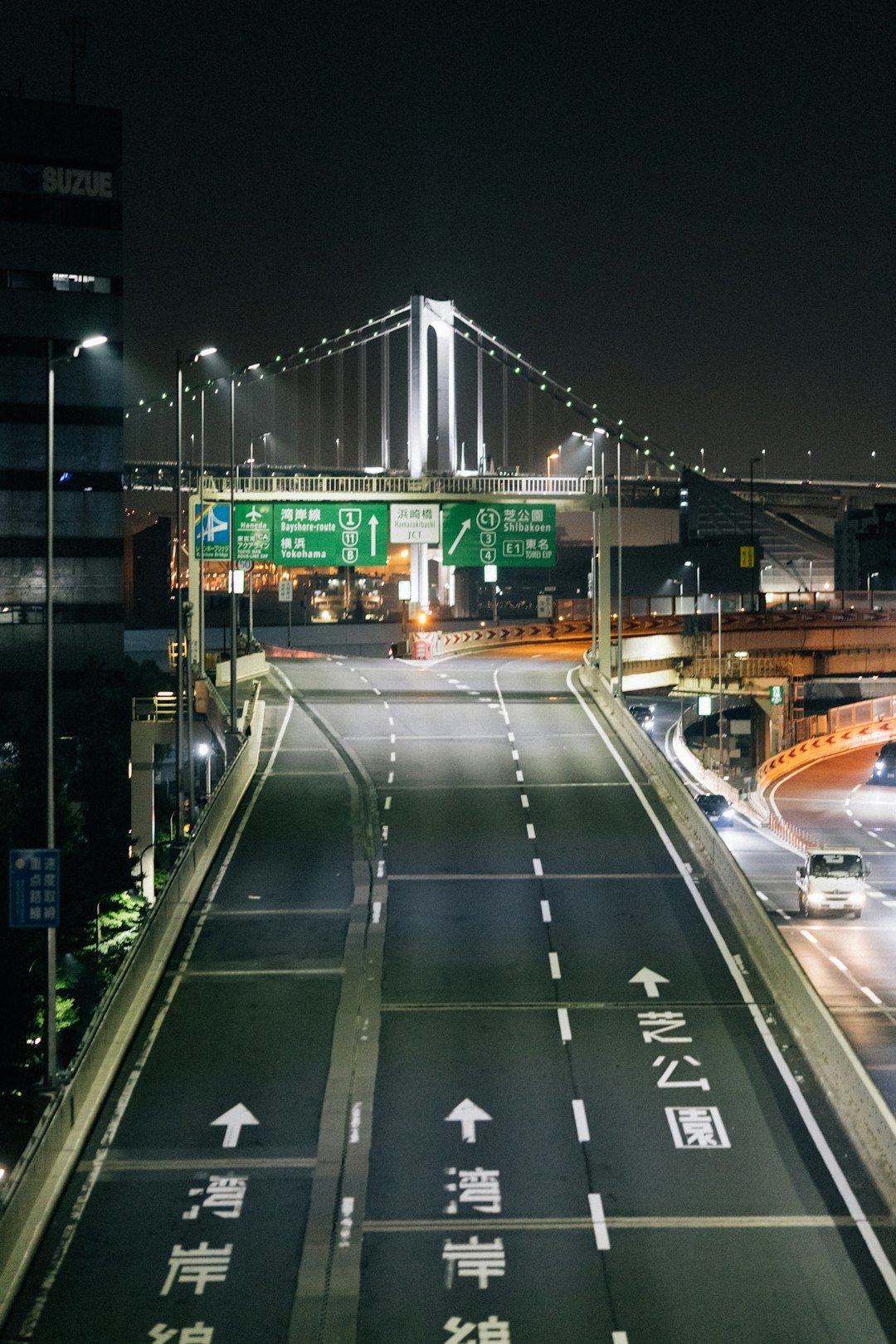 Tokyo'da gece otoyolu ve Rainbow Bridge