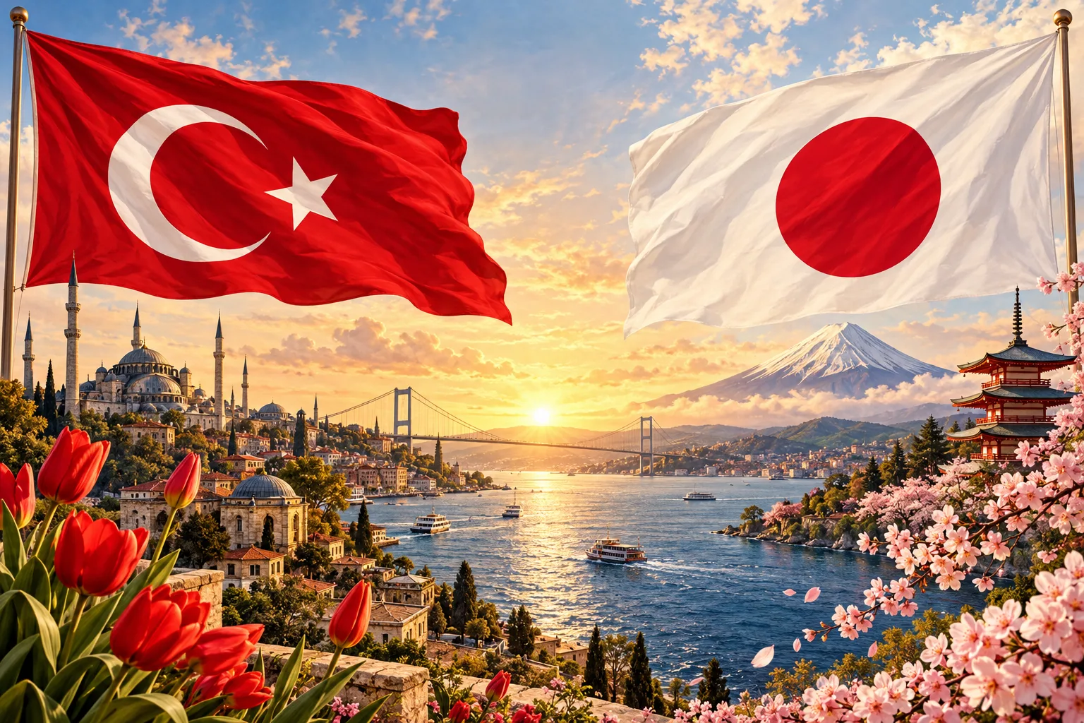 Türkiye ve Japonya bayrakları, İstanbul Boğazı ve Fuji Dağı