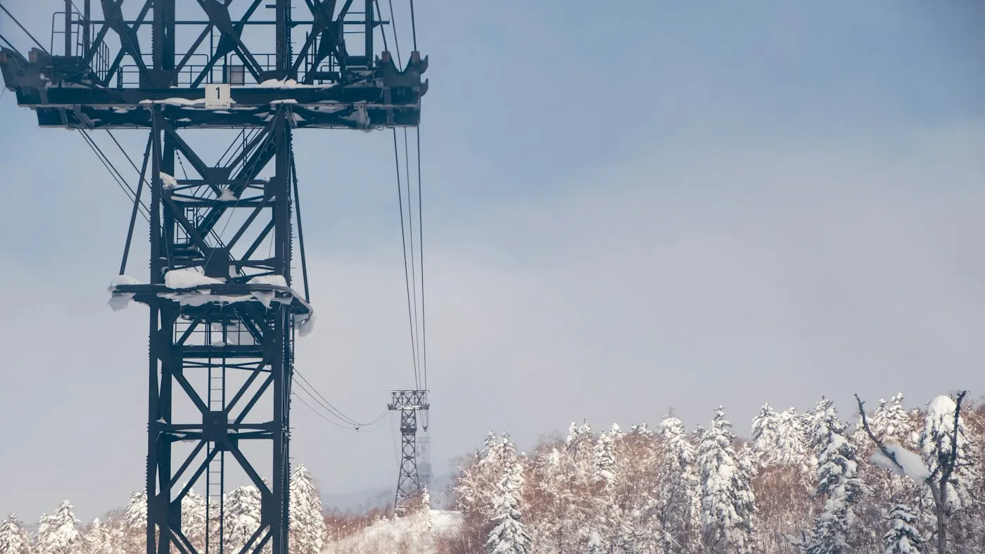 Karlı ormanın üstünde yükselen teleferik direği