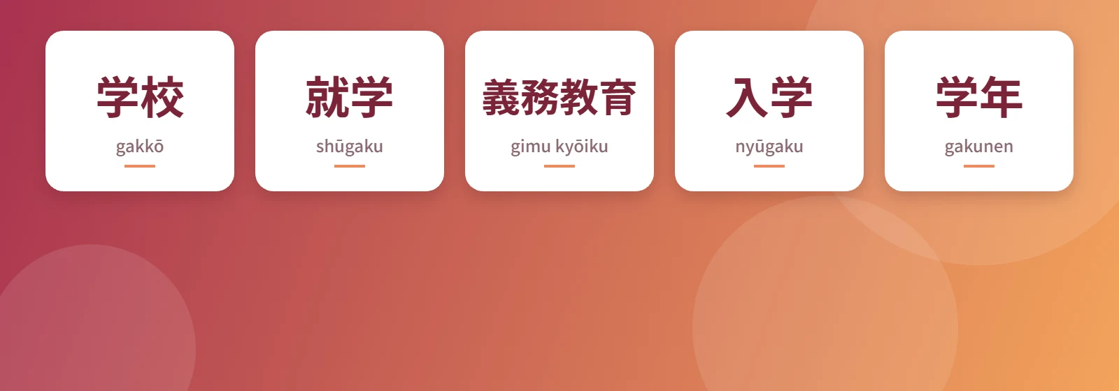 Japonya'da çocuklar için okul sistemi için kapak görseli: 学校 (gakkō), 就学 (shūgaku), 義務教育 (gimu kyōiku), 入学 (nyūgaku), 学年 (gakunen)