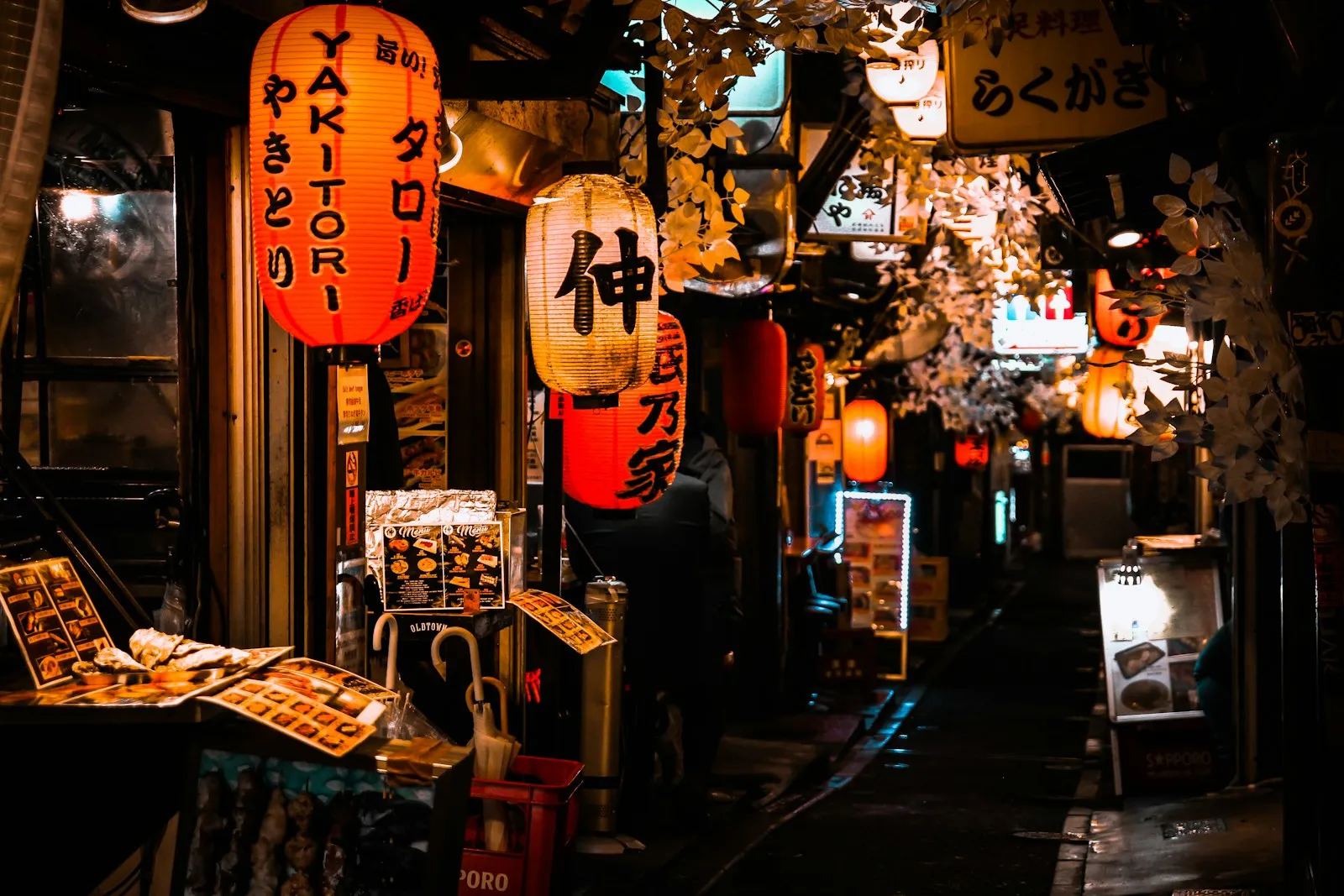 Omoide Yokocho'da fenerler ve yakitori tabelaları